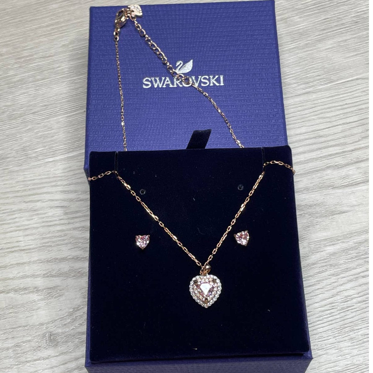 Swarovski One Set Rose Gold Heart Stud Earrings and Pendant Necklace