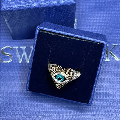 Swarovski Lucky Goddess Heart  EVIL EYE Ring Gold Tone Size 58 EUR / 8 USA