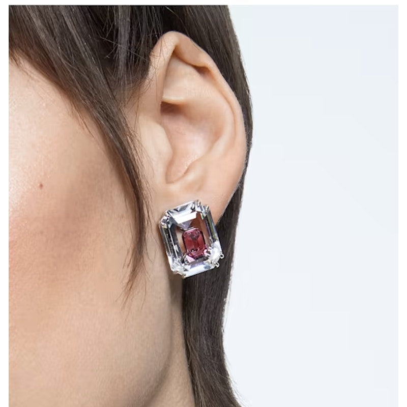 Swarovski Chroma stud earrings Octagon cut, Pink, Rhodium plated