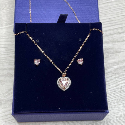 Swarovski One Set Rose Gold Heart Stud Earrings and Pendant Necklace